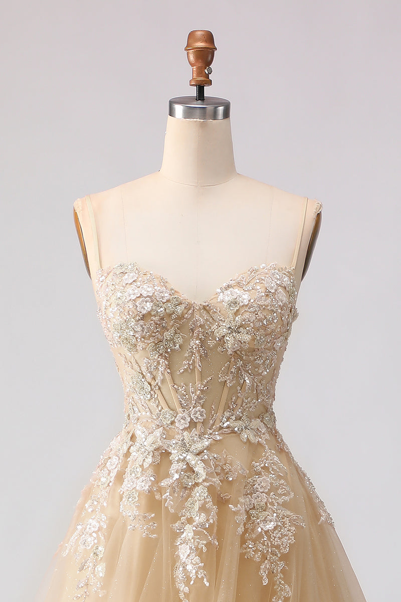 Laden Sie das Bild in den Galerie-Viewer, Glitzerndes A-Linie Tüll Besticktes Pfirsich Besticktes Langes Ballkleid mit Schlitz