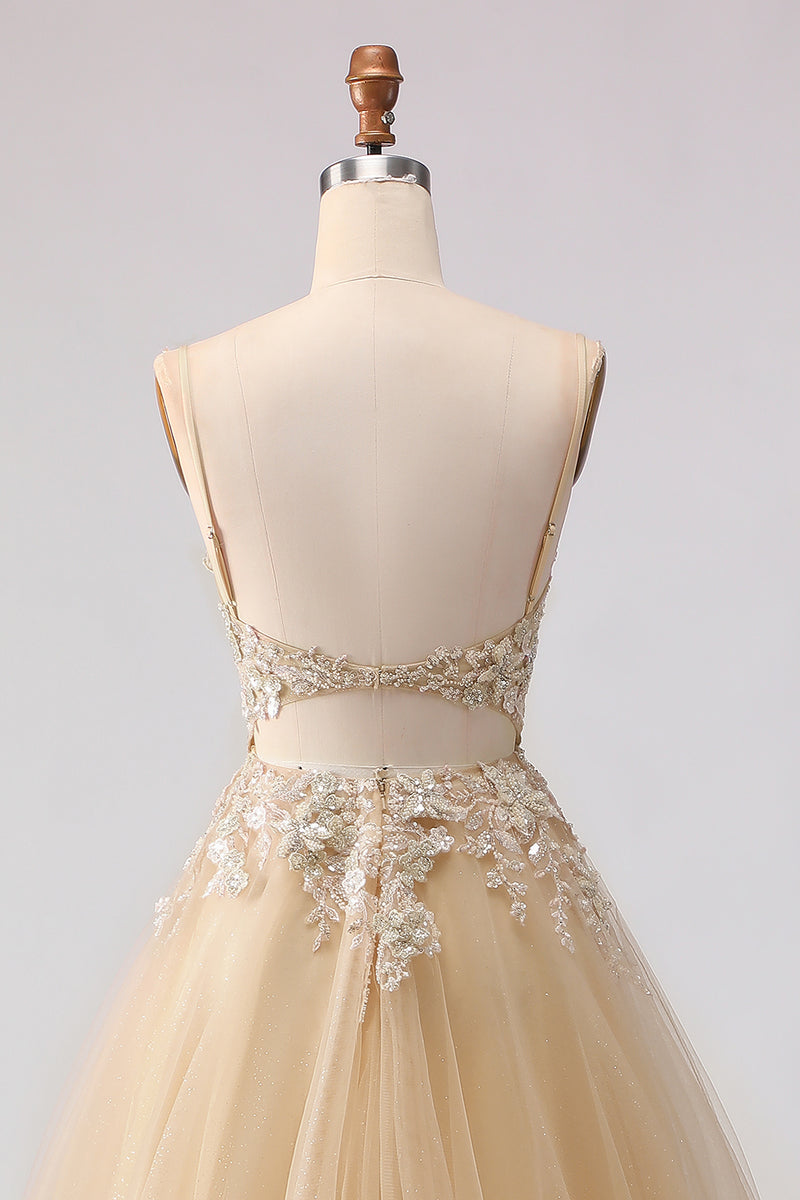 Laden Sie das Bild in den Galerie-Viewer, Glitzerndes A-Linie Tüll Besticktes Pfirsich Besticktes Langes Ballkleid mit Schlitz