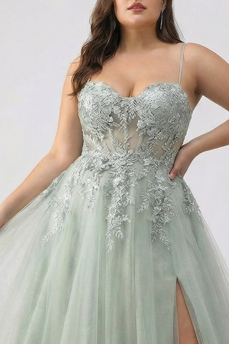 Laden Sie das Bild in den Galerie-Viewer, Salbeigrünes A-Linie Besticktes Langes Tüll Ballkleid mit Schlitz