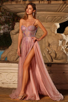 Laden Sie das Bild in den Galerie-Viewer, Rosa A-Linie Perlen Spaghettiträgern Langes Abschlussballkleid mit Schlitz