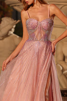 Laden Sie das Bild in den Galerie-Viewer, Rosa A-Linie Perlen Spaghettiträgern Langes Abschlussballkleid mit Schlitz