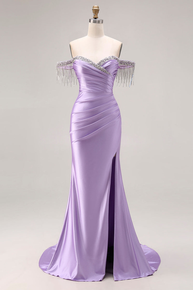 Laden Sie das Bild in den Galerie-Viewer, Hellviolettes Satin Meerjungfrauen Herzausschnitt Gerafftes Langes Abschlussballkleid mit Schlitz