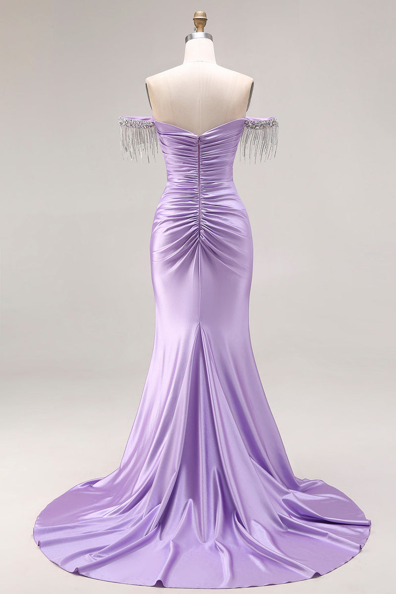 Laden Sie das Bild in den Galerie-Viewer, Hellviolettes Satin Meerjungfrauen Herzausschnitt Gerafftes Langes Abschlussballkleid mit Schlitz