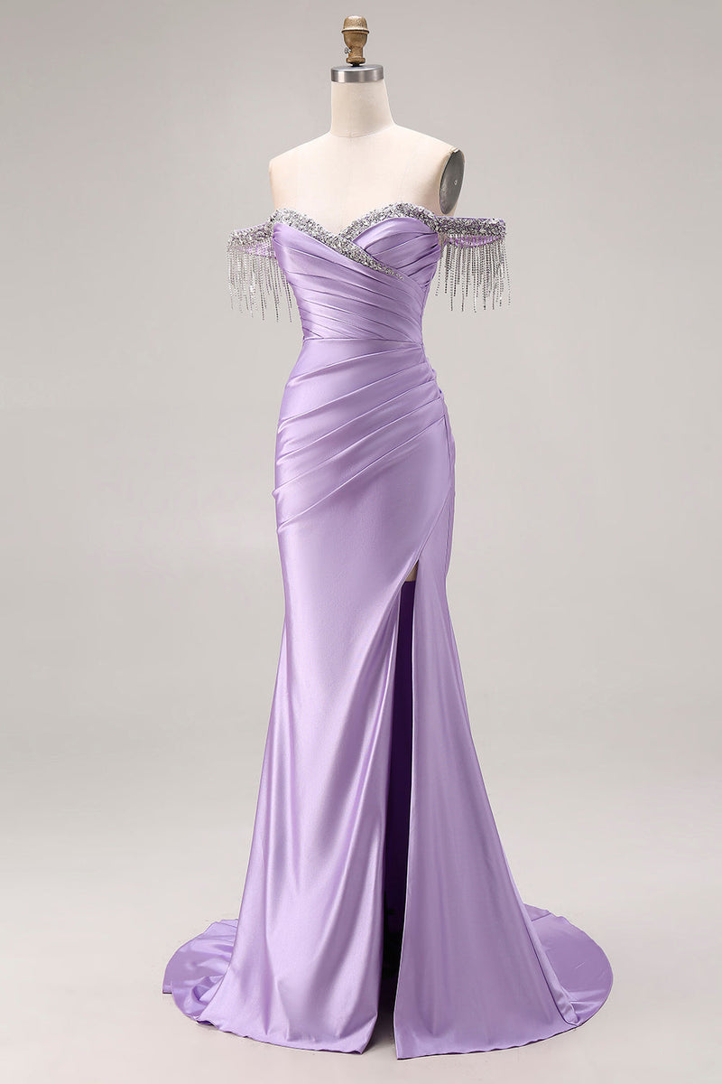 Laden Sie das Bild in den Galerie-Viewer, Hellviolettes Satin Meerjungfrauen Herzausschnitt Gerafftes Langes Abschlussballkleid mit Schlitz