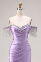 Laden Sie das Bild in den Galerie-Viewer, Hellviolettes Satin Meerjungfrauen Herzausschnitt Gerafftes Langes Abschlussballkleid mit Schlitz