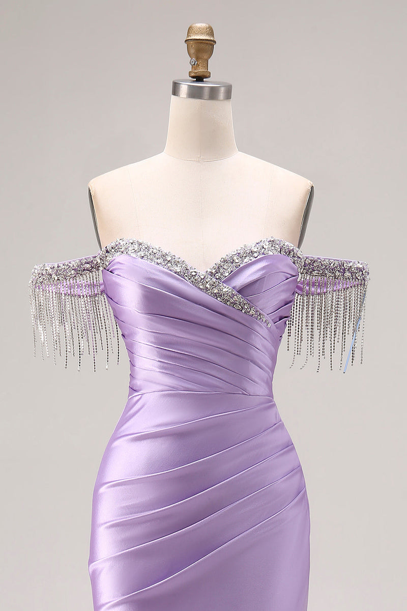Laden Sie das Bild in den Galerie-Viewer, Hellviolettes Satin Meerjungfrauen Herzausschnitt Gerafftes Langes Abschlussballkleid mit Schlitz