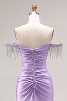 Laden Sie das Bild in den Galerie-Viewer, Hellviolettes Satin Meerjungfrauen Herzausschnitt Gerafftes Langes Abschlussballkleid mit Schlitz