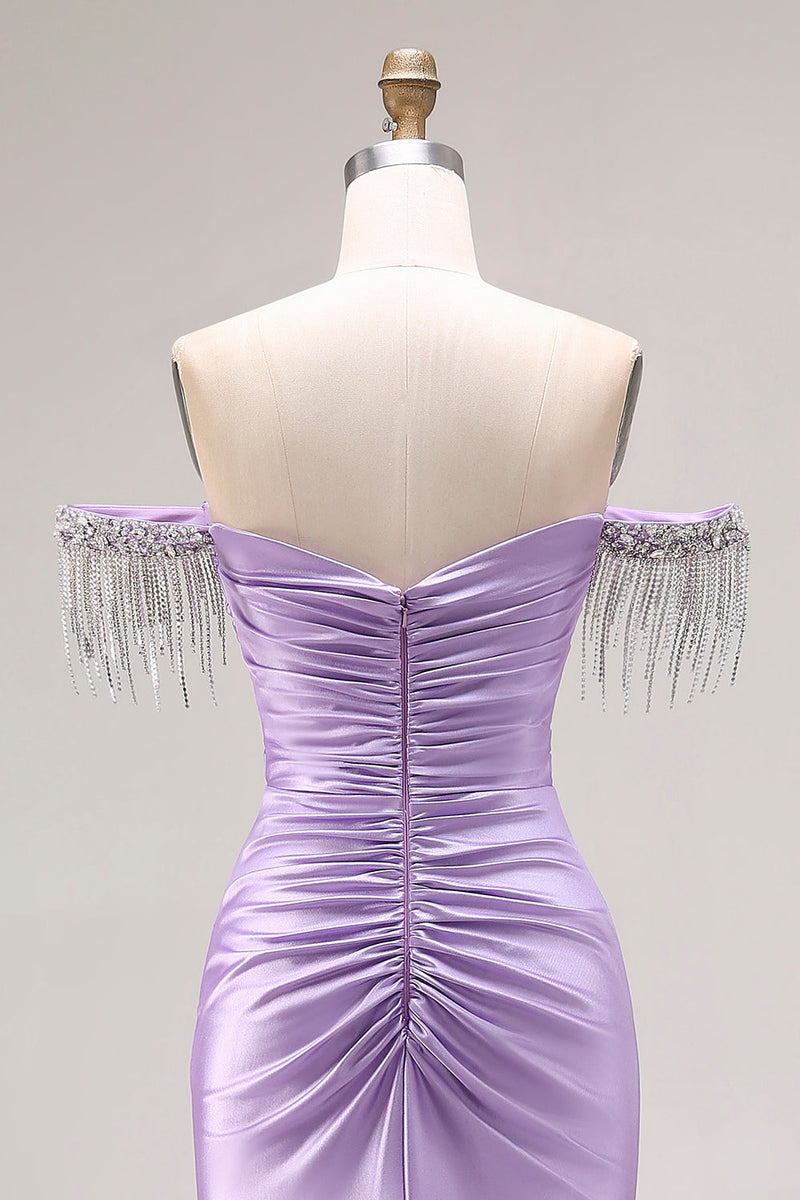 Laden Sie das Bild in den Galerie-Viewer, Hellviolettes Satin Meerjungfrauen Herzausschnitt Gerafftes Langes Abschlussballkleid mit Schlitz