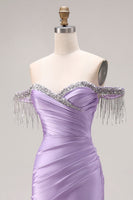 Laden Sie das Bild in den Galerie-Viewer, Hellviolettes Satin Meerjungfrauen Herzausschnitt Gerafftes Langes Abschlussballkleid mit Schlitz