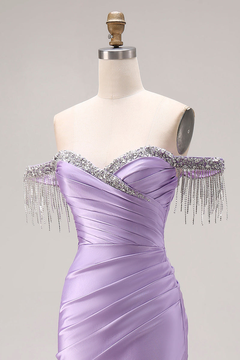 Laden Sie das Bild in den Galerie-Viewer, Hellviolettes Satin Meerjungfrauen Herzausschnitt Gerafftes Langes Abschlussballkleid mit Schlitz