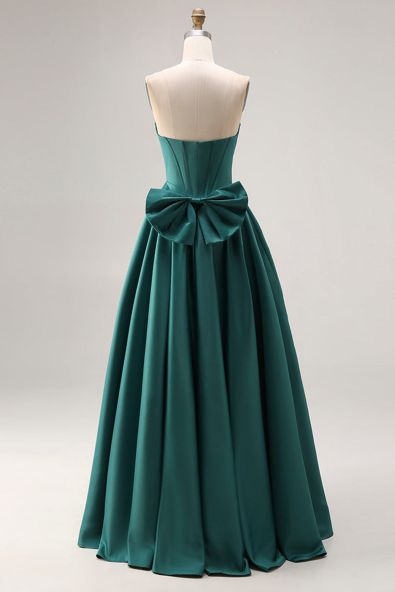 Laden Sie das Bild in den Galerie-Viewer, Dunkelgrünes A-Linie Satin Herzausschnitt Korsett Perlenbesetztes Langes Ballkleid mit Schleife