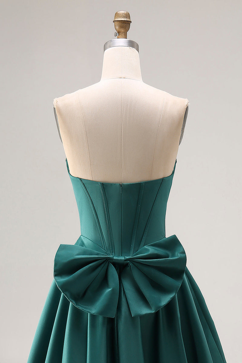 Laden Sie das Bild in den Galerie-Viewer, Dunkelgrünes A-Linie Satin Herzausschnitt Korsett Perlenbesetztes Langes Ballkleid mit Schleife