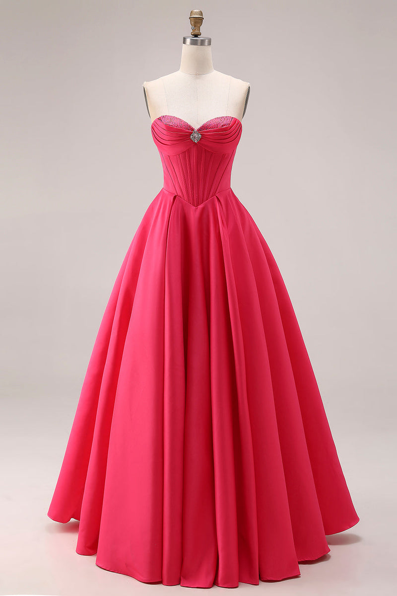 Laden Sie das Bild in den Galerie-Viewer, Bonbonrosa A-Linie Sweetheart Korsett, gerafftes langes Abschlussballkleid mit Perlen