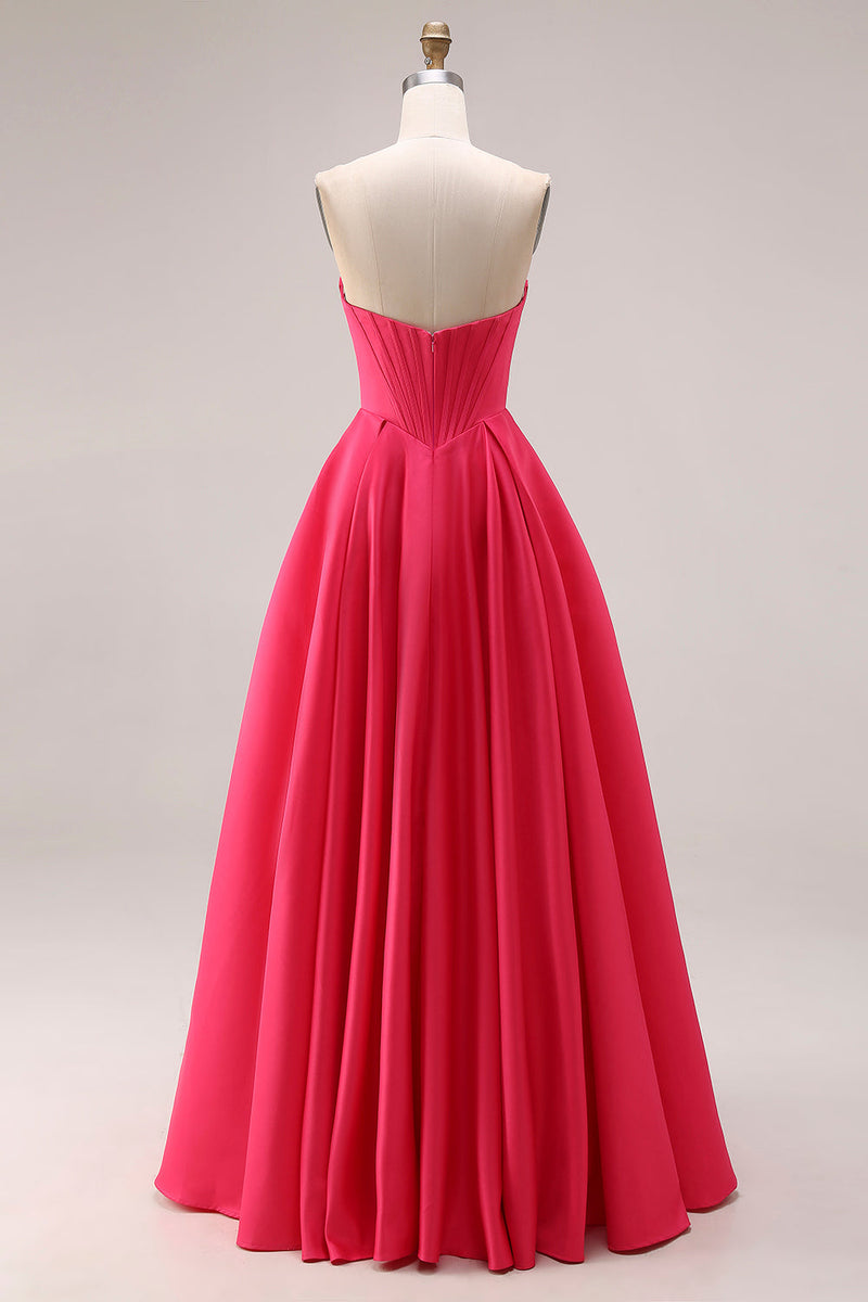 Laden Sie das Bild in den Galerie-Viewer, Bonbonrosa A-Linie Sweetheart Korsett, gerafftes langes Abschlussballkleid mit Perlen