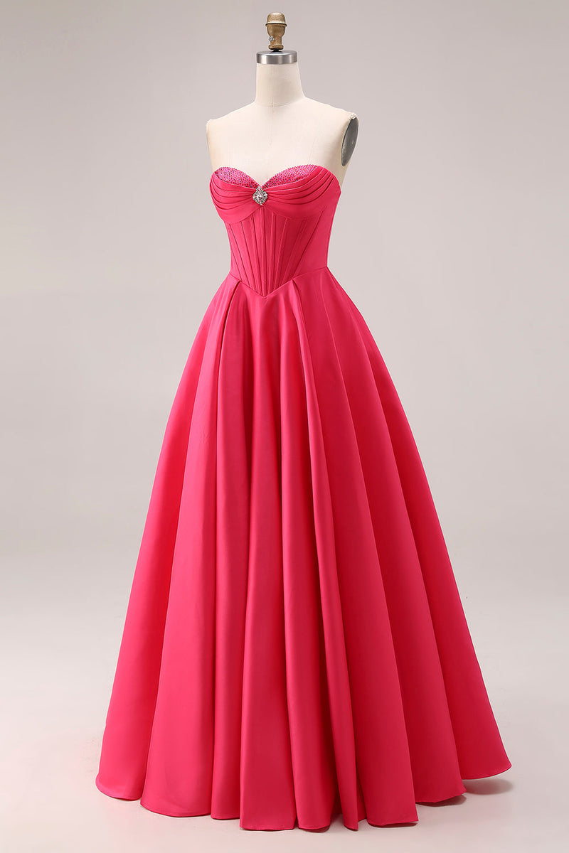 Laden Sie das Bild in den Galerie-Viewer, Bonbonrosa A-Linie Sweetheart Korsett, gerafftes langes Abschlussballkleid mit Perlen