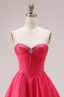 Laden Sie das Bild in den Galerie-Viewer, Bonbonrosa A-Linie Sweetheart Korsett, gerafftes langes Abschlussballkleid mit Perlen
