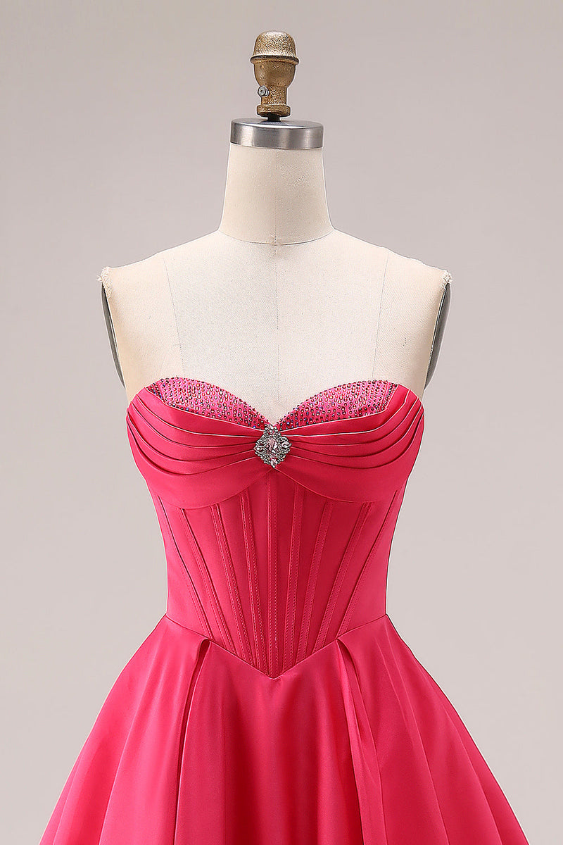 Laden Sie das Bild in den Galerie-Viewer, Bonbonrosa A-Linie Sweetheart Korsett, gerafftes langes Abschlussballkleid mit Perlen