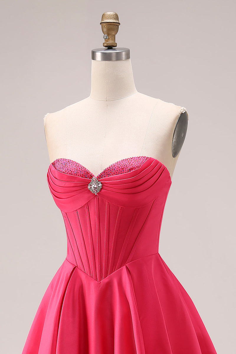 Laden Sie das Bild in den Galerie-Viewer, Bonbonrosa A-Linie Sweetheart Korsett, gerafftes langes Abschlussballkleid mit Perlen