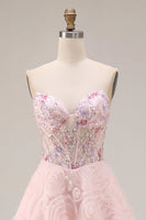 Laden Sie das Bild in den Galerie-Viewer, Rosa A-Linie Pailletten Trägerloses Korsett Langes Ballkleid mit 3D-Blumen