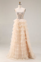 Laden Sie das Bild in den Galerie-Viewer, Aprikose Trägerloses A-Linie Pailletten Perlen Langes Ballkleid mit Schlitz