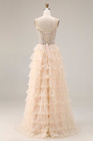 Laden Sie das Bild in den Galerie-Viewer, Aprikose Trägerloses A-Linie Pailletten Perlen Langes Ballkleid mit Schlitz