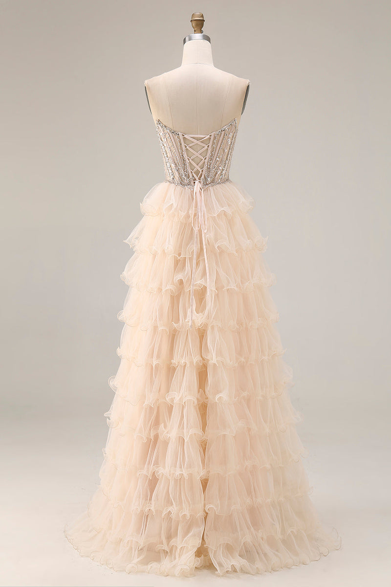 Laden Sie das Bild in den Galerie-Viewer, Aprikose Trägerloses A-Linie Pailletten Perlen Langes Ballkleid mit Schlitz