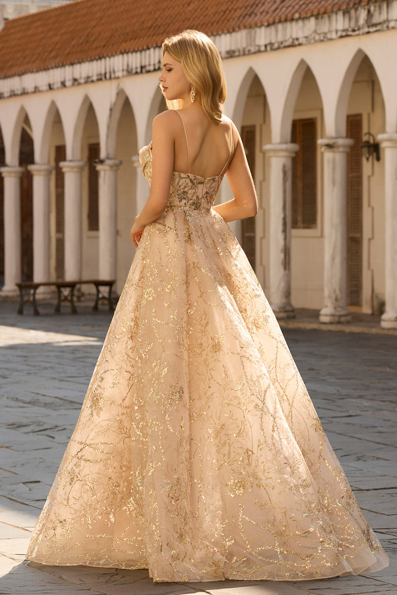 Laden Sie das Bild in den Galerie-Viewer, Glitzerndes Champagner A-Linie Korsett Langes Tüll Abschlussballkleid mit Pailletten