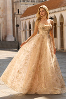 Laden Sie das Bild in den Galerie-Viewer, Glitzerndes Champagner A-Linie Korsett Langes Tüll Abschlussballkleid mit Pailletten