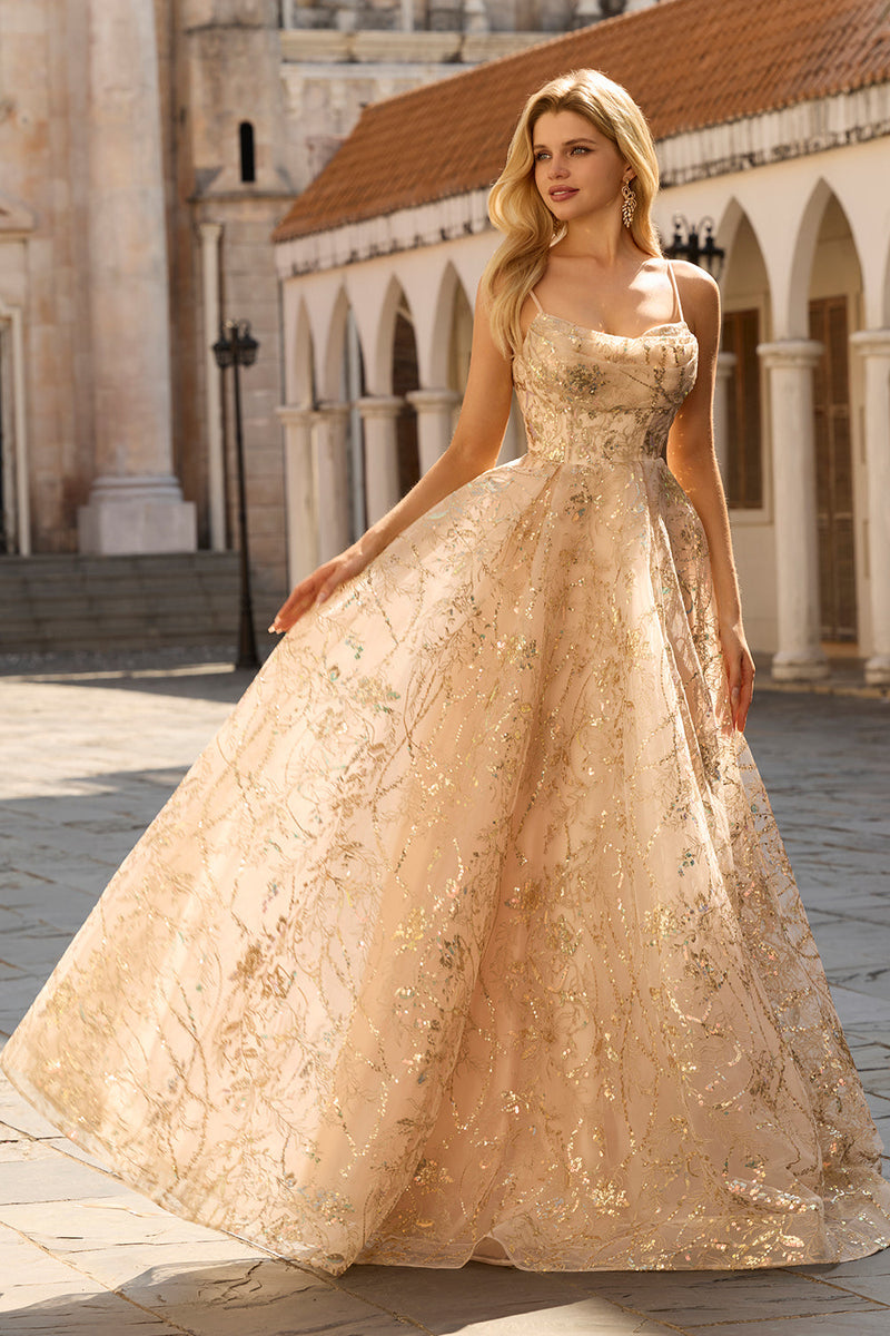 Laden Sie das Bild in den Galerie-Viewer, Glitzerndes Champagner A-Linie Korsett Langes Tüll Abschlussballkleid mit Pailletten