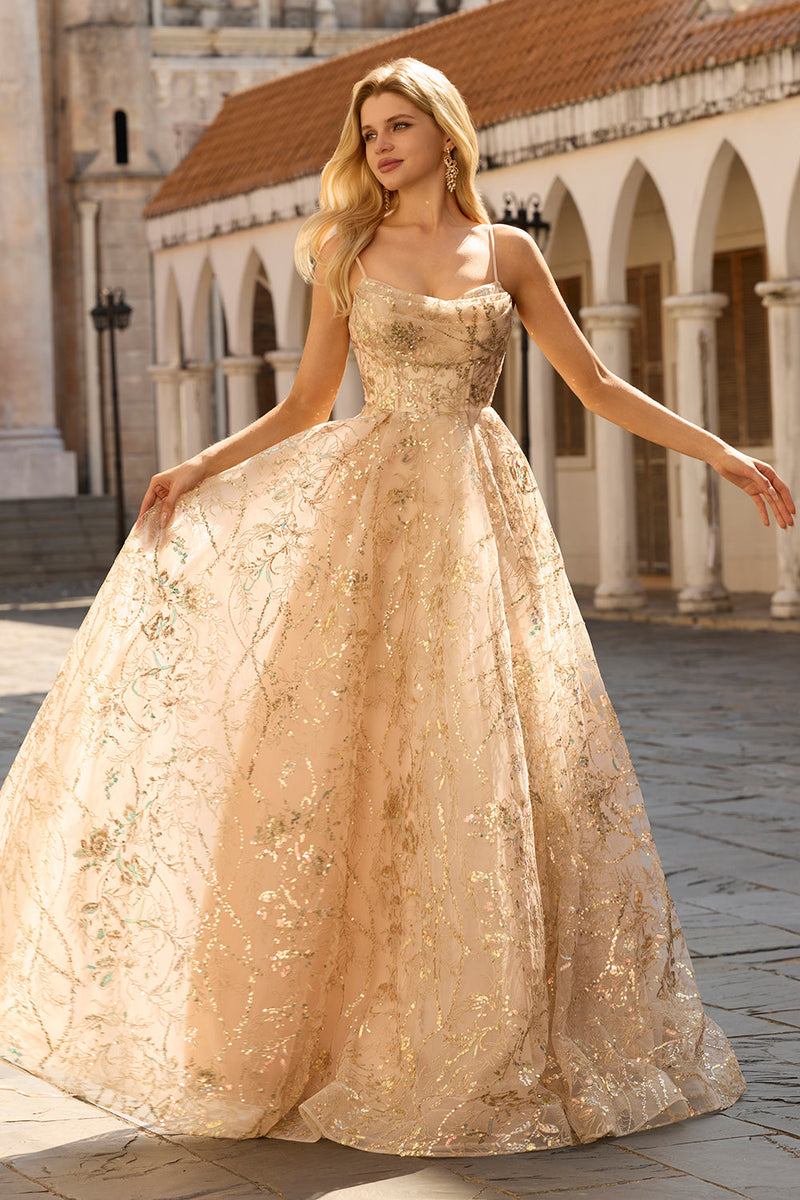 Laden Sie das Bild in den Galerie-Viewer, Glitzerndes Champagner A-Linie Korsett Langes Tüll Abschlussballkleid mit Pailletten