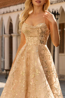 Laden Sie das Bild in den Galerie-Viewer, Glitzerndes Champagner A-Linie Korsett Langes Tüll Abschlussballkleid mit Pailletten
