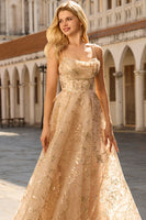 Laden Sie das Bild in den Galerie-Viewer, Glitzerndes Champagner A-Linie Korsett Langes Tüll Abschlussballkleid mit Pailletten