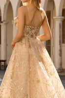 Laden Sie das Bild in den Galerie-Viewer, Glitzerndes Champagner A-Linie Korsett Langes Tüll Abschlussballkleid mit Pailletten