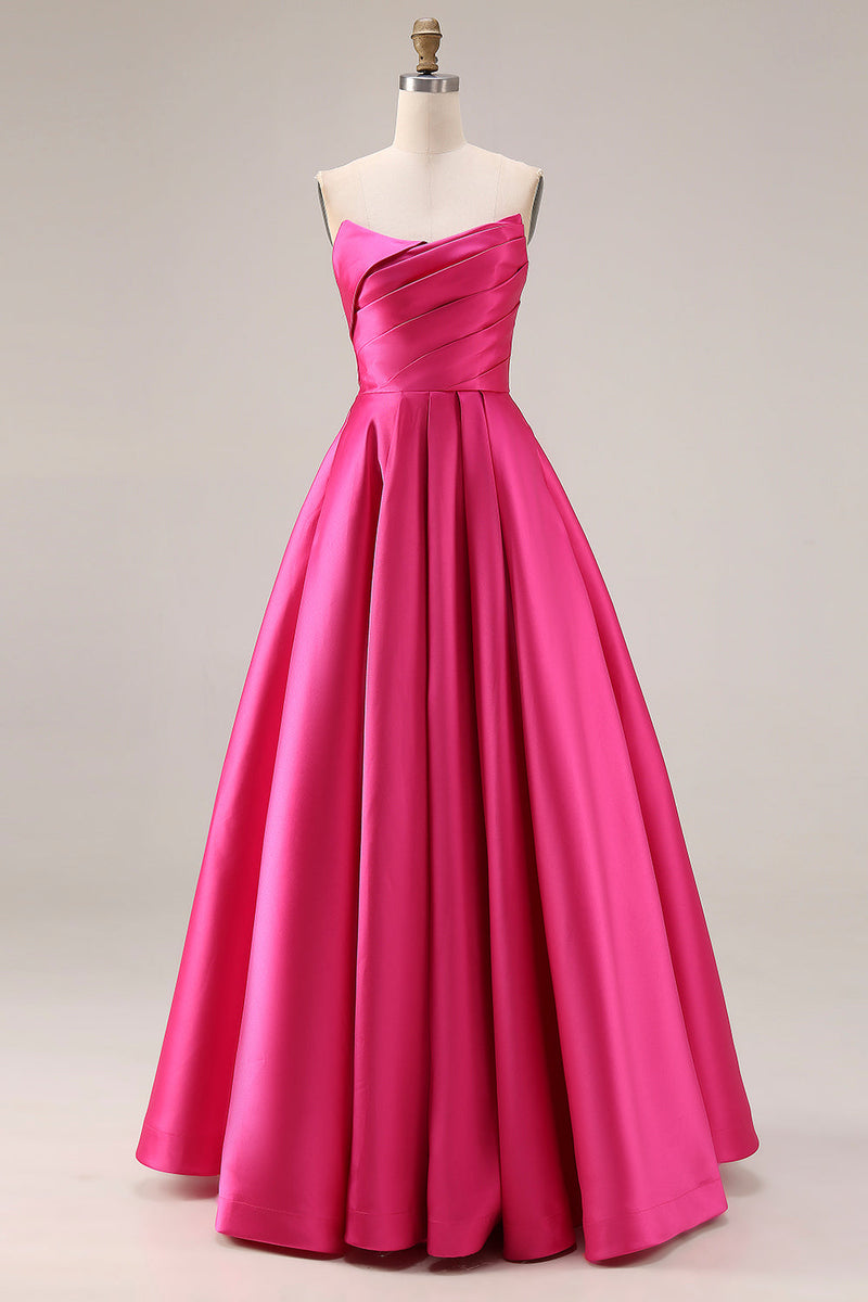 Laden Sie das Bild in den Galerie-Viewer, Elegantes Fuchsia A-Linie Trägerloses Plissiertes Satin Langes Ballkleid