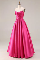 Laden Sie das Bild in den Galerie-Viewer, Elegantes Fuchsia A-Linie Trägerloses Plissiertes Satin Langes Ballkleid
