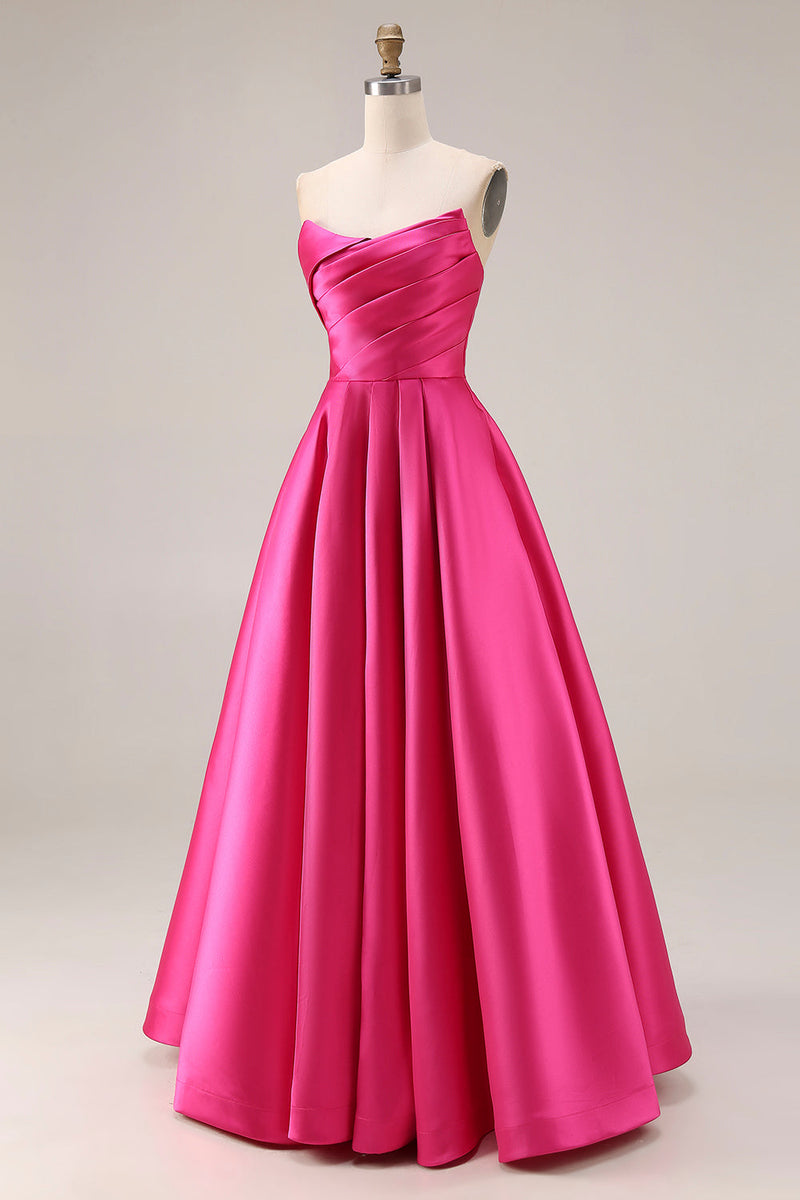 Laden Sie das Bild in den Galerie-Viewer, Elegantes Fuchsia A-Linie Trägerloses Plissiertes Satin Langes Ballkleid