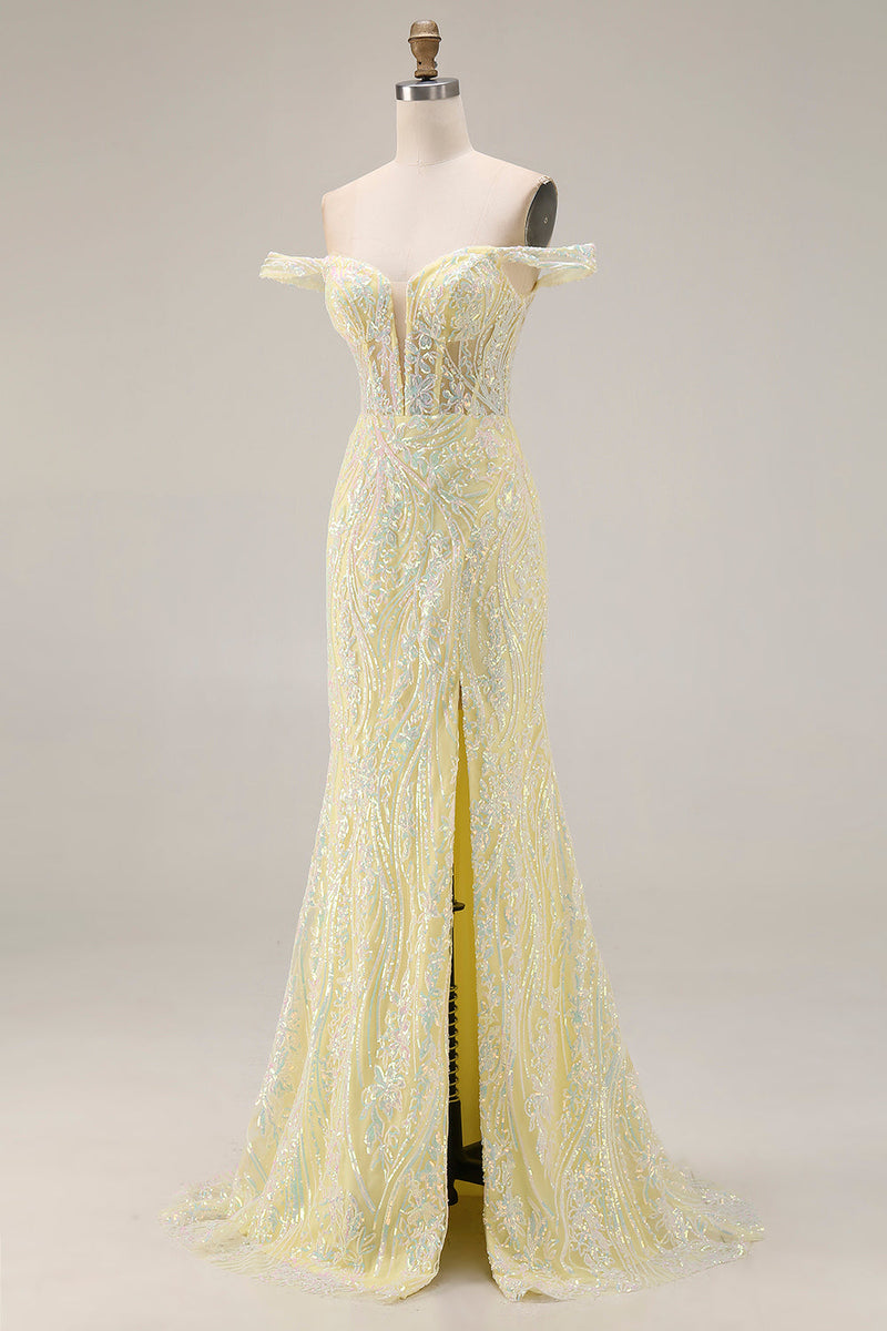 Laden Sie das Bild in den Galerie-Viewer, Schulterfreies Pailletten Meerjungfrauen Hellgelbes Langes Ballkleid mit Schlitz