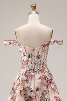 Laden Sie das Bild in den Galerie-Viewer, Schulterfreies Blumen A-Linie Korsett Desert Rose Langes Ballkleid