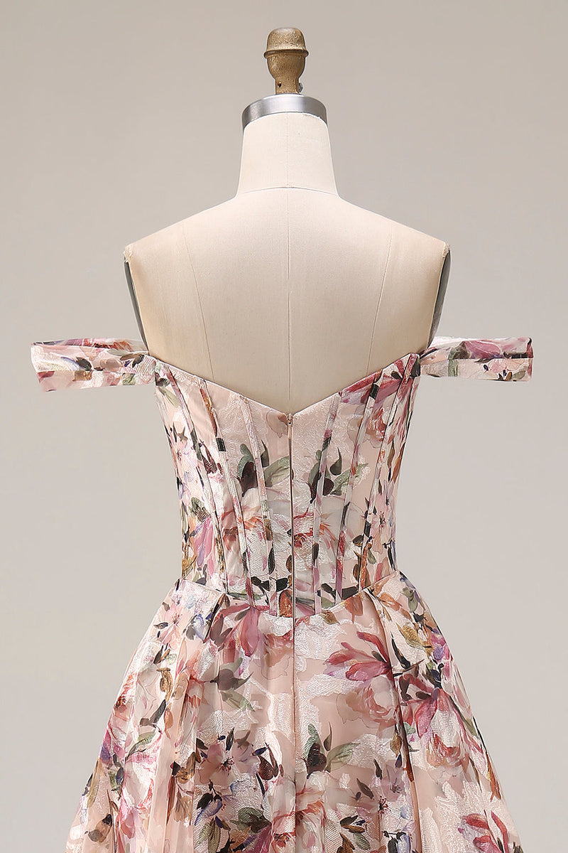 Laden Sie das Bild in den Galerie-Viewer, Schulterfreies Blumen A-Linie Korsett Desert Rose Langes Ballkleid