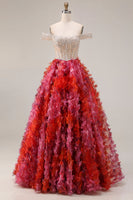 Laden Sie das Bild in den Galerie-Viewer, Fuchsia A-Linie Perlen Pailletten Langes Ballkleid mit 3D-Blumen