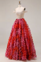 Laden Sie das Bild in den Galerie-Viewer, Fuchsia A-Linie Perlen Pailletten Langes Ballkleid mit 3D-Blumen