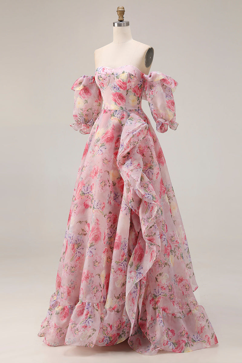 Laden Sie das Bild in den Galerie-Viewer, Rosa Blumen A-Linie Schulterfreies Puffärmeln Chiffon Langes Ballkleid mit Rüschenrock