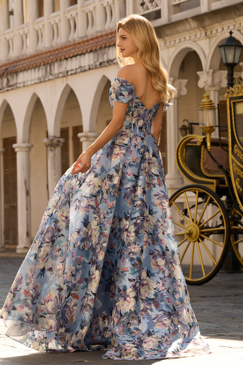 Laden Sie das Bild in den Galerie-Viewer, Blaues Geblümtes A-Linie Korsett A-Linie Langes Abschlussballkleid mit Schlitz
