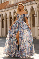 Laden Sie das Bild in den Galerie-Viewer, Blaues Geblümtes A-Linie Korsett A-Linie Langes Abschlussballkleid mit Schlitz