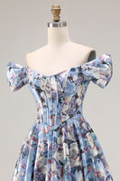 Laden Sie das Bild in den Galerie-Viewer, Blaues A-Linien-Korsett-Floral-Langballkleid mit Schlitz