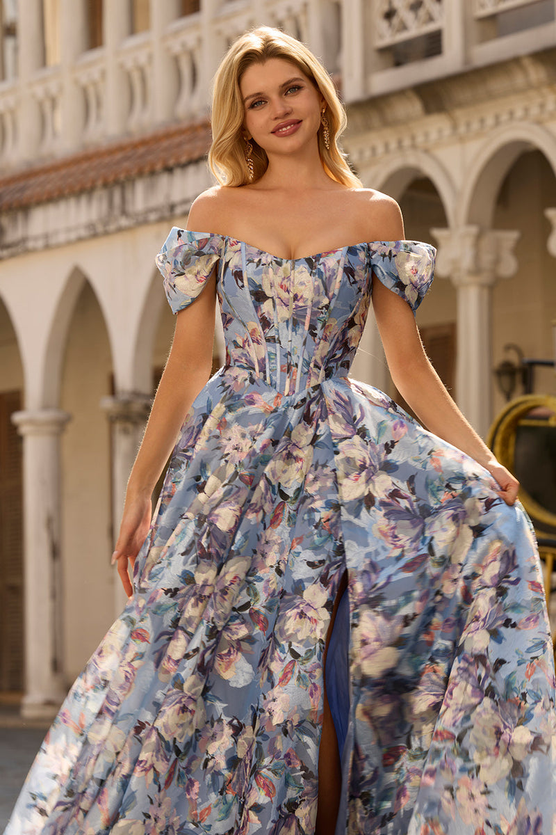 Laden Sie das Bild in den Galerie-Viewer, Blaues Geblümtes A-Linie Korsett A-Linie Langes Abschlussballkleid mit Schlitz