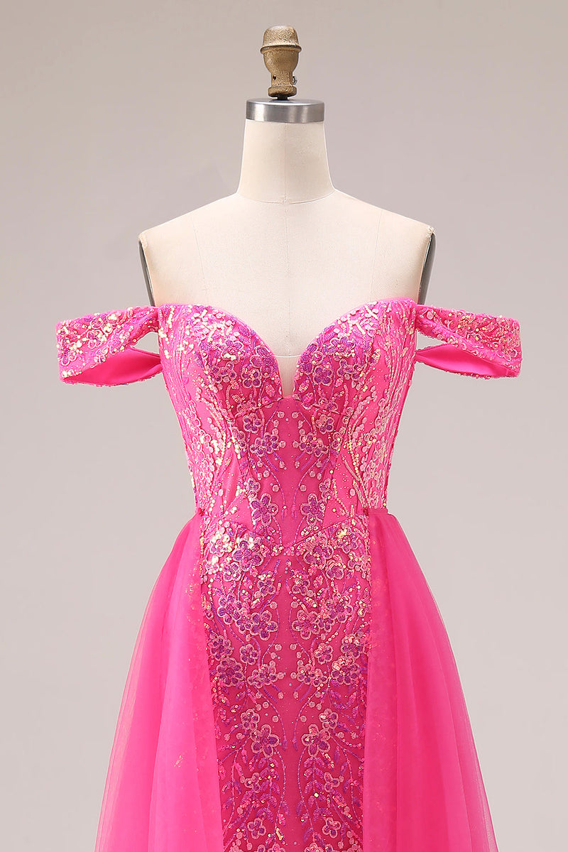 Laden Sie das Bild in den Galerie-Viewer, Glitzerndes Fuchsia Meerjungfrauen Schulterfreies Wendebares Langes Ballkleid mit Pailletten