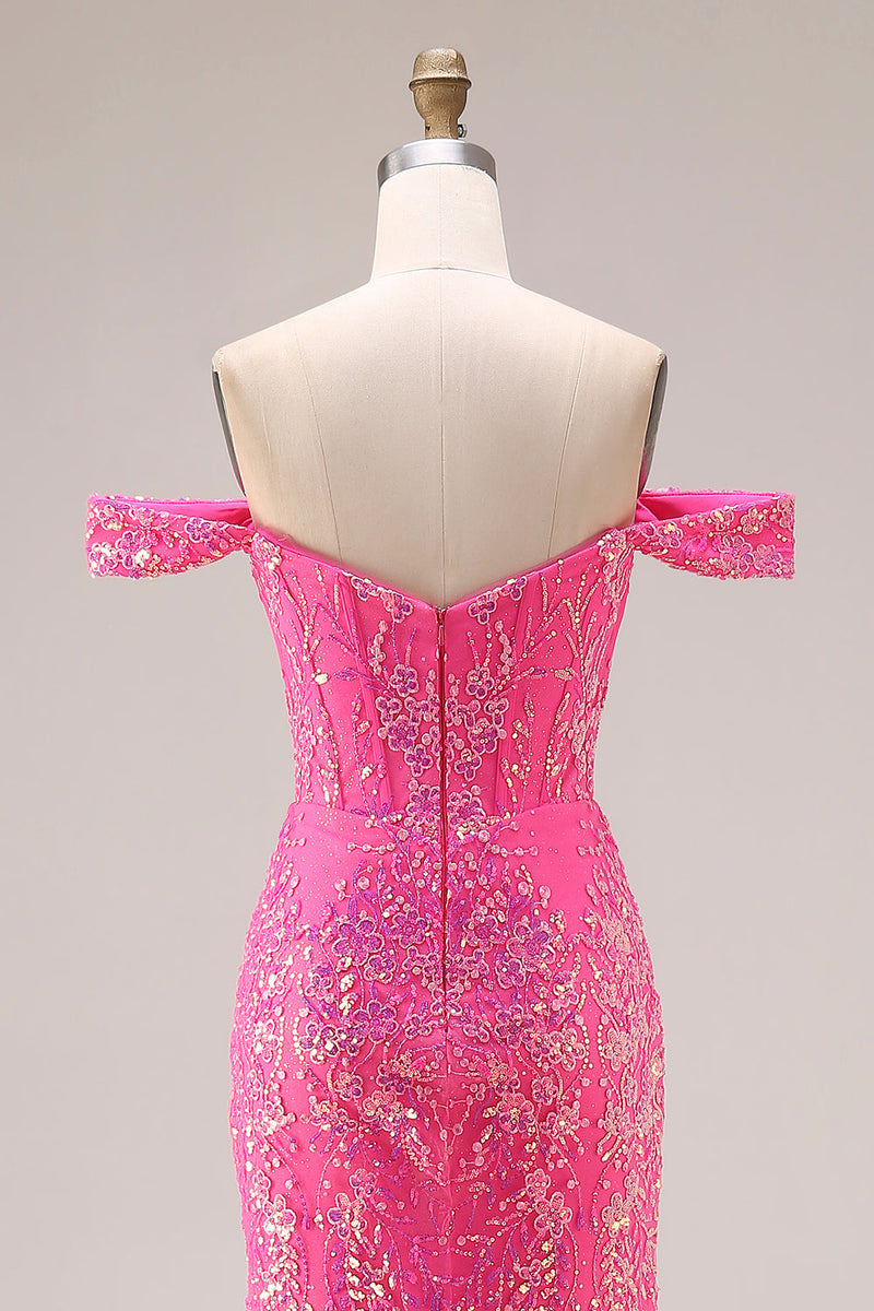 Laden Sie das Bild in den Galerie-Viewer, Glitzerndes Fuchsia Meerjungfrauen Schulterfreies Wendebares Langes Ballkleid mit Pailletten