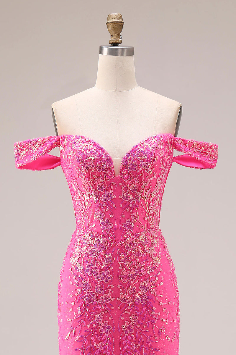 Laden Sie das Bild in den Galerie-Viewer, Glitzerndes Fuchsia Meerjungfrauen Schulterfreies Wendebares Langes Ballkleid mit Pailletten