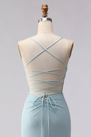 Laden Sie das Bild in den Galerie-Viewer, Staubiges Blaues Meerjungfrauen Korsett Langes Ballkleid mit Schnürung Rücken